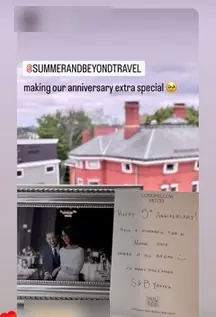Courtney’s Instagram story showing the anniversary surprise in her hotel room: a framed wedding photo and a handwritten note