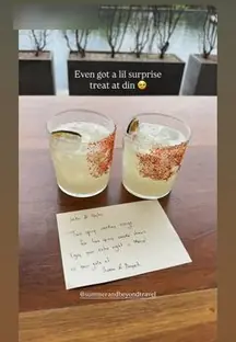Jackie’s Instagram story showing two surprise margaritas and a handwritten note at dinner